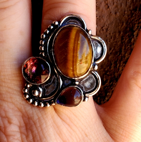New Tiger Eye, Amethyst and Ametrine 925 Silver Ring. - Picture 8 of 12